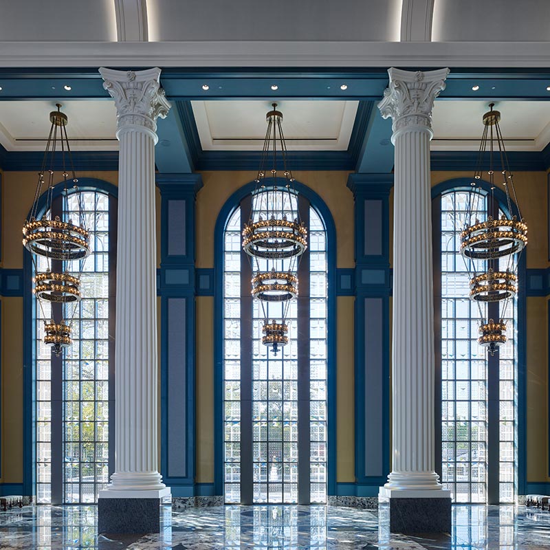 Inside of the Fisher Center for Performing Arts building on a sunny day.