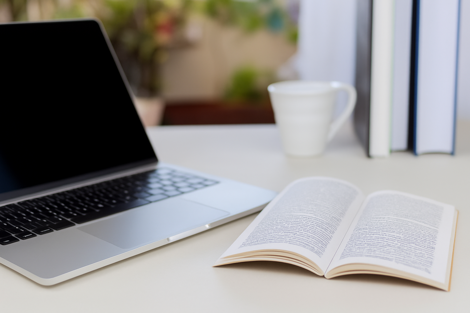 A laptop sits open on a desk beside an open magazine, with a coffee mug and binders in the background.