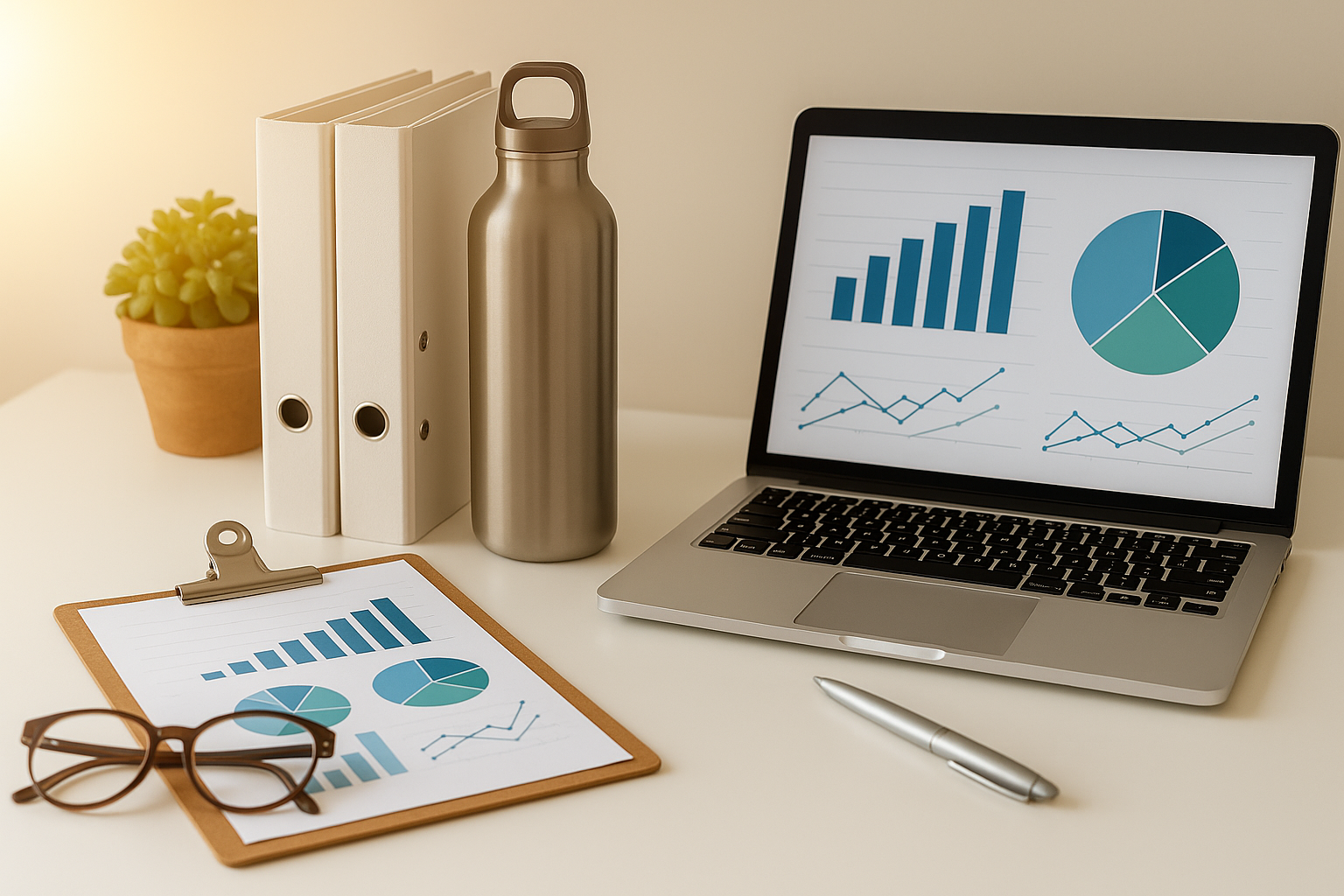 Laptop showing charts on desk with notebook, book, glasses, pen, water bottle, and plant in warm light.
