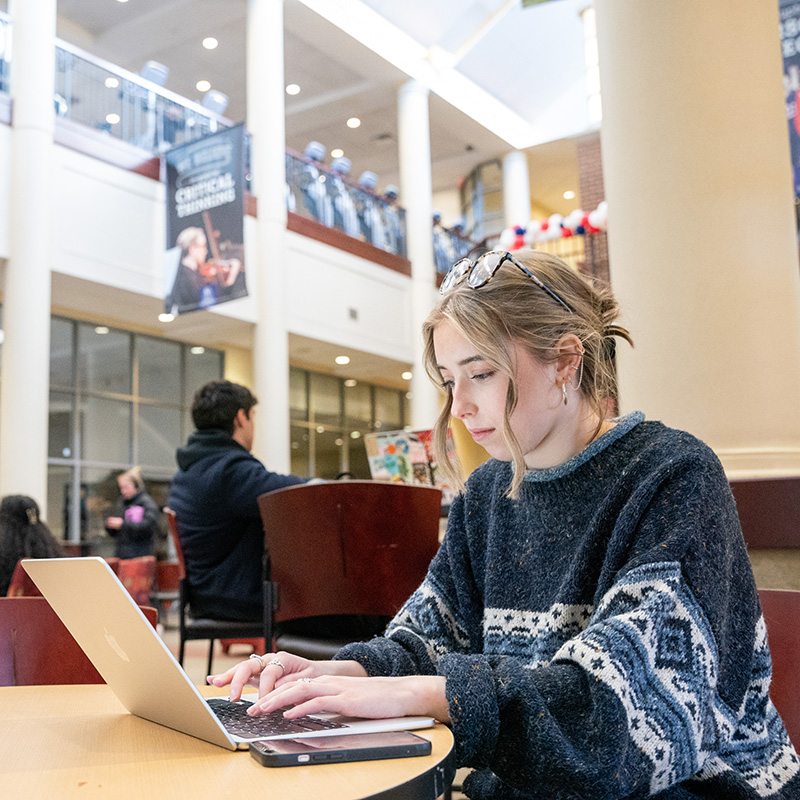 Female student sitting typing on a laptop in on the table in front of her